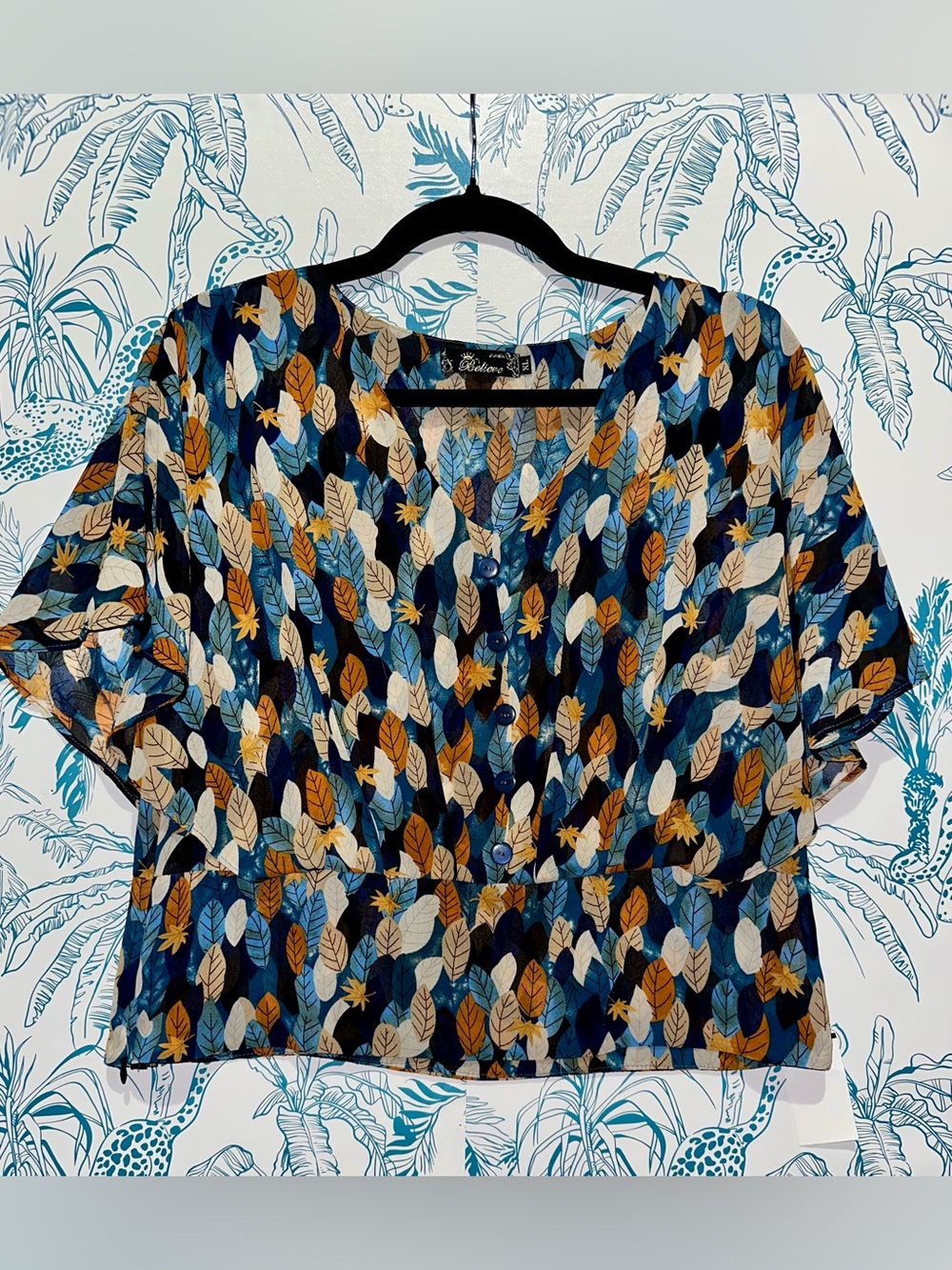 Faux Button-Front Leaf Print V-Neck Blouse in Blue, Tan & Cream